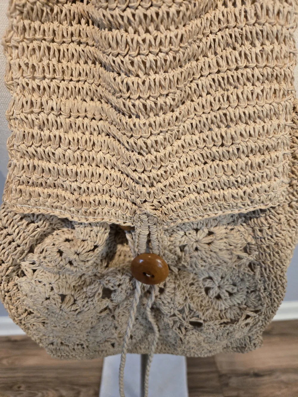 Beige Straw Crochet Drawstring Backpack